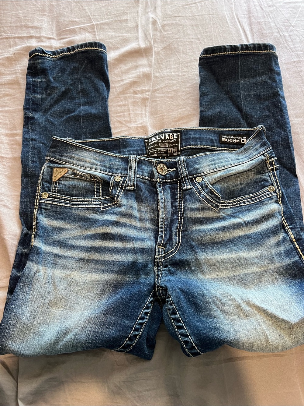 Salvage Men’s Blue Bootcut Jeans with White Pocket Embroidery - Picture 2 of 6